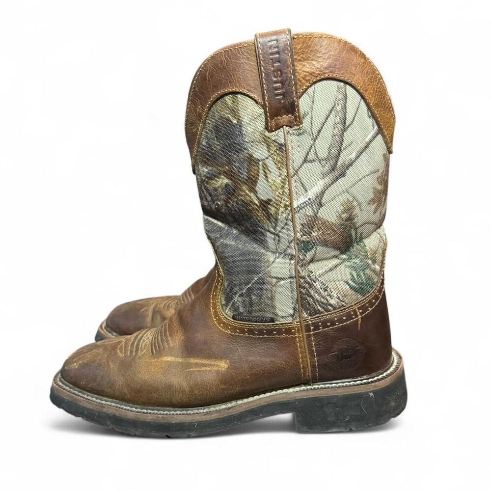 Justin Men’s 9EE Wide Western Cowboy Boots Brown Leather Camo Waterproof Work